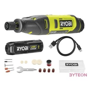 Ryobi 4V USB Lithium magasfordulatszámú mikrogép, 15x tartozék, 1x 2,0Ah akkumulátor, töltő - RRT4-120GA15