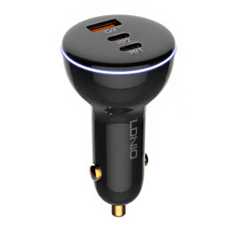 LDNIO C102 Car Charger, USB + 2x USB-C, 160W + USB-C to Lightning Cable (Black)