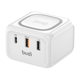 Inductive charger 10W Budi 317TE, 2x USB + USB-C, 18W (white)