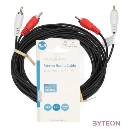 Nedis CAGL24200BK50 sztereo audio kábel, 2 X RCA dugó - 2 X RCA dugó, hossz 5m