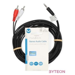 Nedis CAGL22200BK50 sztereo audió kábel, 3,5 Jack dugó - 2 X RCA dugó, hossz 5m