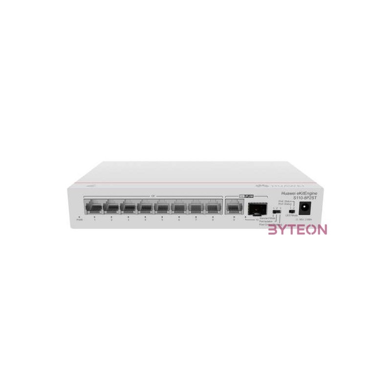 Huawei eKit Switch 8x1000Mbps (124W POE)  1x1000Mbps Uplink  1x1GE (SFP), Nem menedzselhető, Asztali - S110-8P2ST