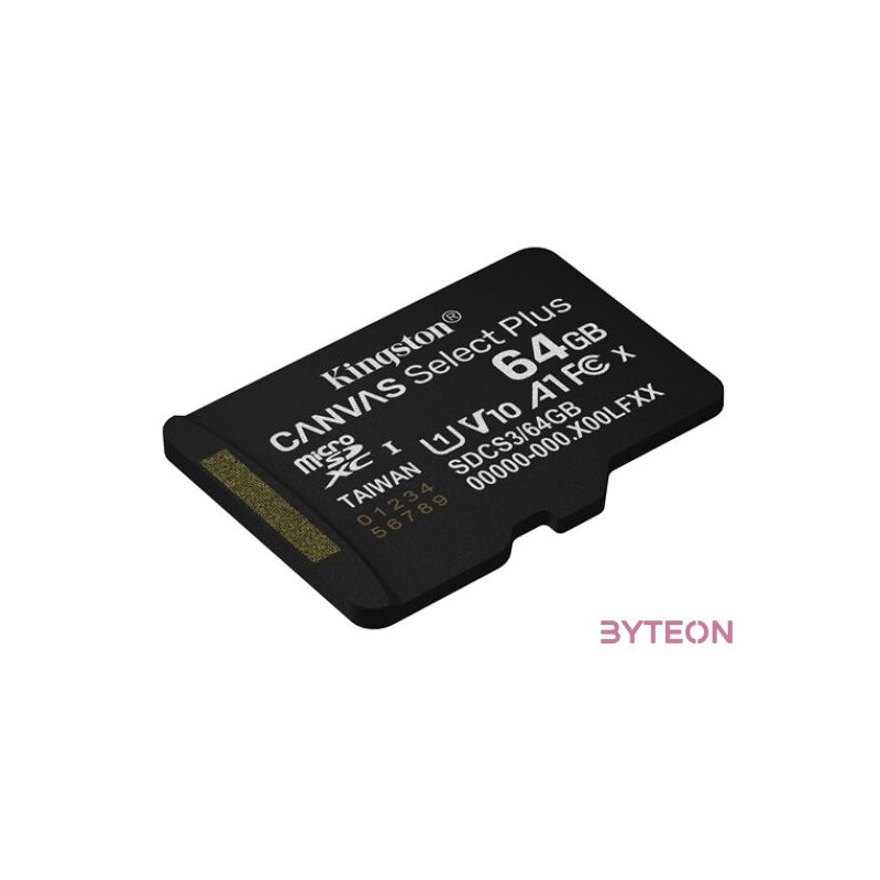 KINGSTON Memóriakártya MicroSDXC 64GB Canvas Select Plus Gen3 100R A1 Adaprer nélkül