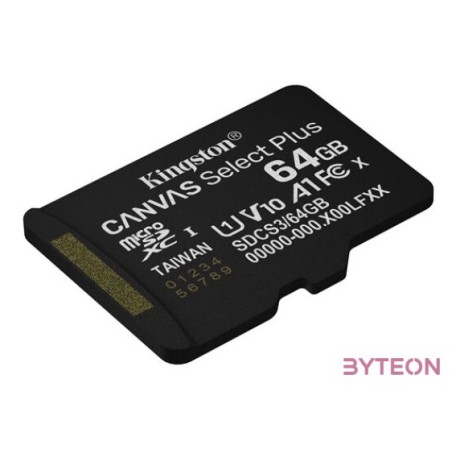 KINGSTON Memóriakártya MicroSDXC 64GB Canvas Select Plus Gen3 100R A1 Adaprer nélkül
