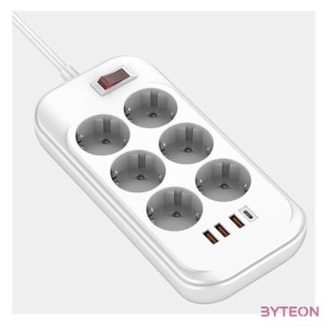 COLORWAY Hálózati elosztó, CW-CHE64PDW, 6 tápcsatlakozó,4USB (C típusú PD20W  3USB QC3.0) (38W) Fehér 2M