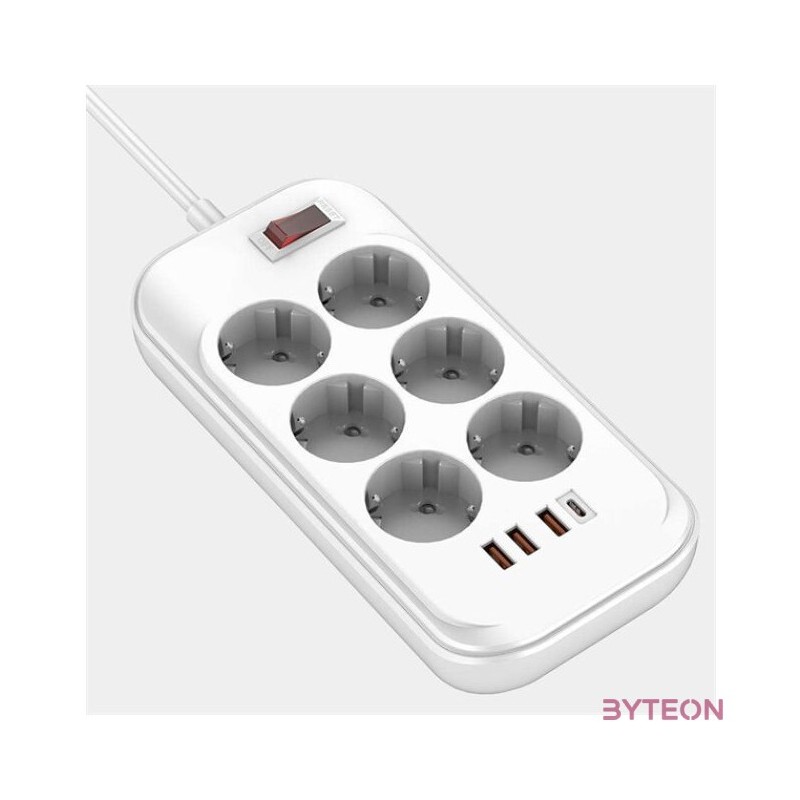 COLORWAY Hálózati elosztó, CW-CHE64PDW, 6 tápcsatlakozó,4USB (C típusú PD20W  3USB QC3.0) (38W) Fehér 2M