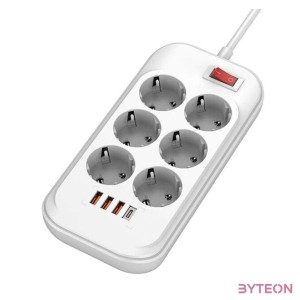 COLORWAY Hálózati elosztó, CW-CHE64PDW, 6 tápcsatlakozó,4USB (C típusú PD20W  3USB QC3.0) (38W) Fehér 2M