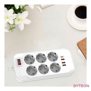 COLORWAY Hálózati elosztó, CW-CHE64PDW, 6 tápcsatlakozó,4USB (C típusú PD20W  3USB QC3.0) (38W) Fehér 2M