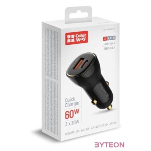 COLORWAY Autós töltő, CW-CHA046PD-BK Power Delivery Port PPS USB (USB-A  USB-C) (60 W) Fekete