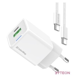 COLORWAY AC töltő GaN Mini CW-CHS053PDC-WT 30W PD port PPS USB (Type-C PD  USB QC4.0) kábel Type-C