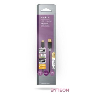 Nedis CCBW60601AT20 USB kábel, USB2.0 Gen 1, USB-A dugó - USB-C dugó, 60 W  480 Mbps, 2 m
