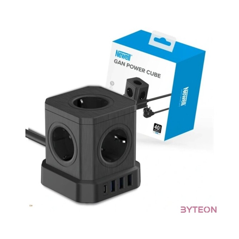 NEWELL GaN Power Cube 9 in 1 töltő , hosszabító, 9 készülékhez, 5 konnektor  3 USB-A port  1 USB-C port, 4000W, fekete