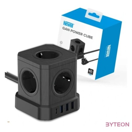 NEWELL GaN Power Cube 9 in 1 töltő , hosszabító, 9 készülékhez, 5 konnektor  3 USB-A port  1 USB-C port, 4000W, fekete