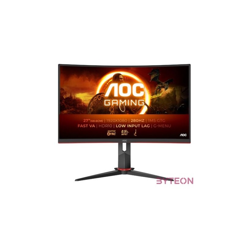AOC Ívelt Gaming 280Hz monitor 27 C27G2Z3,BK, 1920x1080, 169, 300cd,m2, 0,5ms, HDMIx2,DisplayPort, állítható magasság