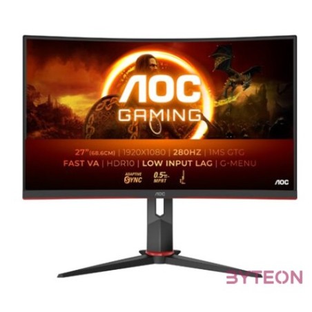 AOC Ívelt Gaming 280Hz monitor 27 C27G2Z3,BK, 1920x1080, 169, 300cd,m2, 0,5ms, HDMIx2,DisplayPort, állítható magasság