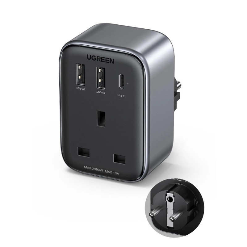 Travel adapter UK to EU plug UGREEN CD314 2xUSB-A, 1xUSB-C