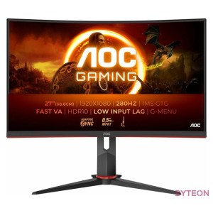 AOC Ívelt Gaming 280Hz monitor 27 C27G2Z3,BK, 1920x1080, 169, 300cd,m2, 0,5ms, HDMIx2,DisplayPort, állítható magasság