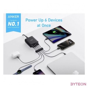 ANKER Hálózati Töltőállomás, 6 portos, 3xUSB-A, 3xUSB-C, 112W USB-C, EU, fekete -  A2154G11