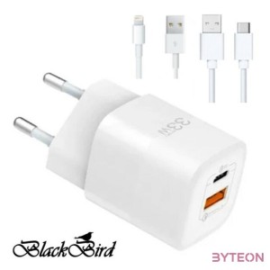 BLACKBIRD Hálózati Adapter ZCD-015B-AC GAN 33W  USB,Lightning kábel 1m  USB,Type-C kábel 1m, Fehér