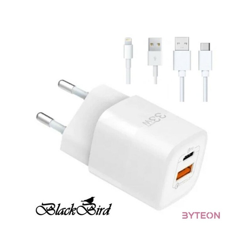 BLACKBIRD Hálózati Adapter ZCD-015B-AC GAN 33W  USB,Lightning kábel 1m  USB,Type-C kábel 1m, Fehér