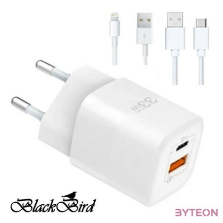 BLACKBIRD Hálózati Adapter ZCD-015B-AC GAN 33W  USB,Lightning kábel 1m  USB,Type-C kábel 1m, Fehér