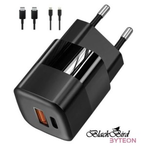 BLACKBIRD Hálózati Adapter ZCD-015B-AC GAN 33W  USB,Type-C kábel 1m  Type-C,Lightning 1m, Fekete