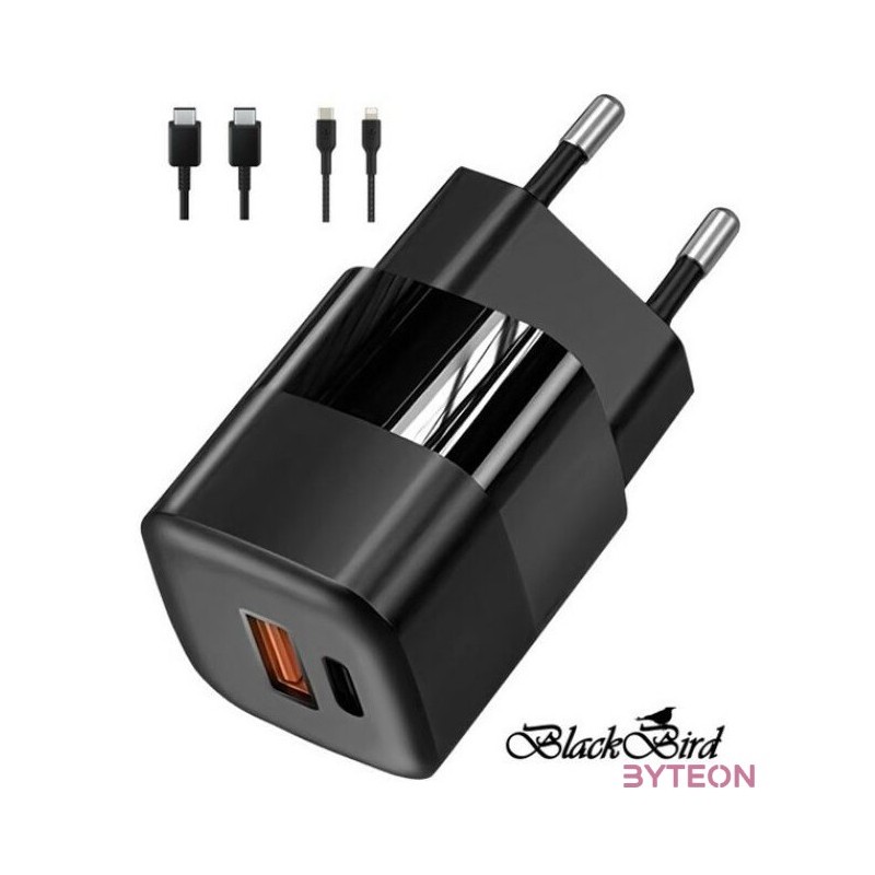 BLACKBIRD Hálózati Adapter ZCD-015B-AC GAN 33W  USB,Type-C kábel 1m  Type-C,Lightning 1m, Fekete