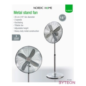 NORDIC HOME FT-562 fém állóventilátor, 3 év garancia, erős stabil kivitel, átmérő 45 cm, teljesítmény 60W, 3 fokozat
