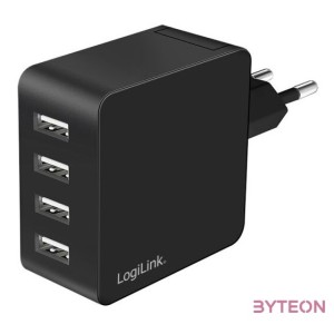 Logilink 4 portos USB fali töltő, 4x USB-A, 24 W, fekete