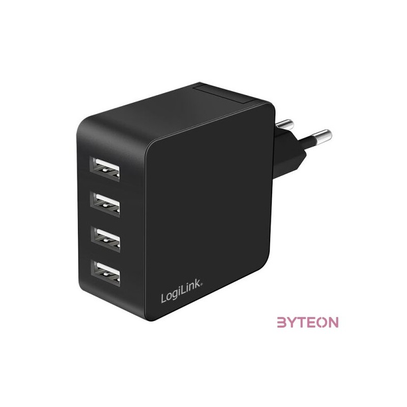 Logilink 4 portos USB fali töltő, 4x USB-A, 24 W, fekete