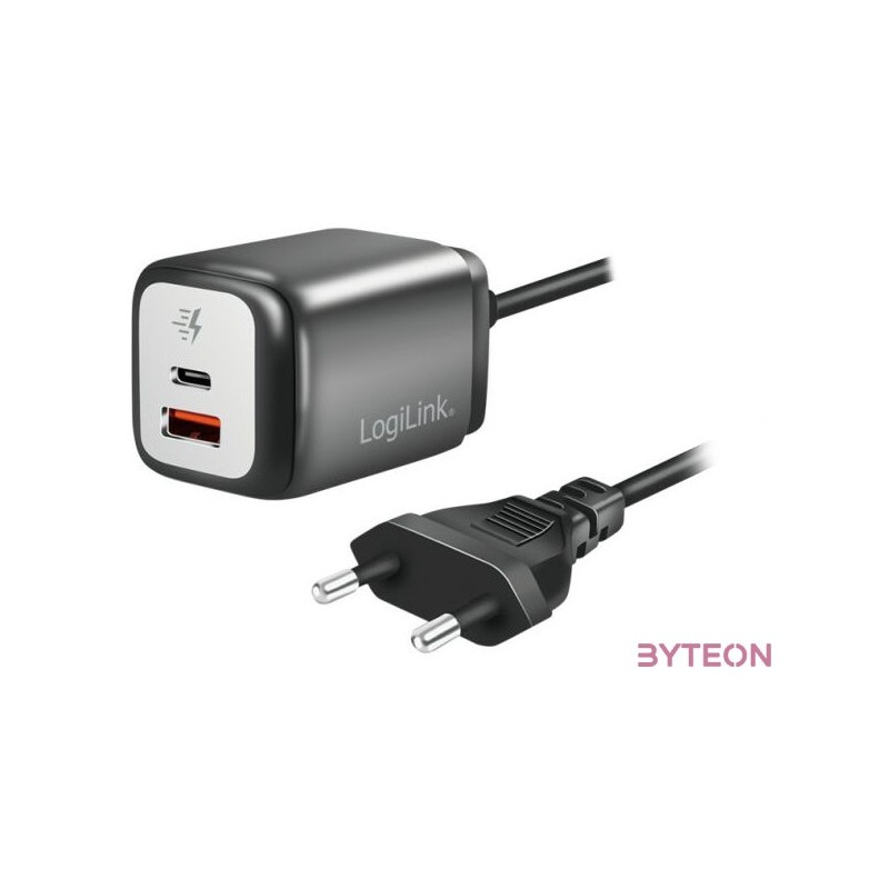 Logilink Kettős USB-csatlakozós adapter, GaN, 1x USB-A, 1x USB-C, 30 W, rögzített kábel