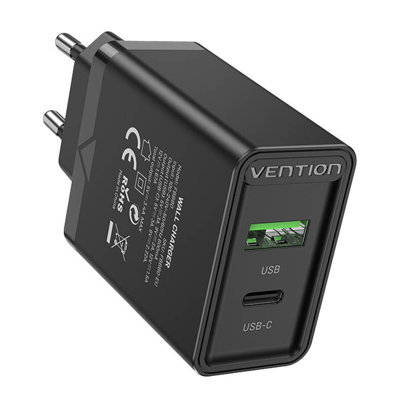 Wall charger EU USB-A(18W), USB-C(20W) Vention FBBB0-EU, 2.4A, PD3.0 (black)