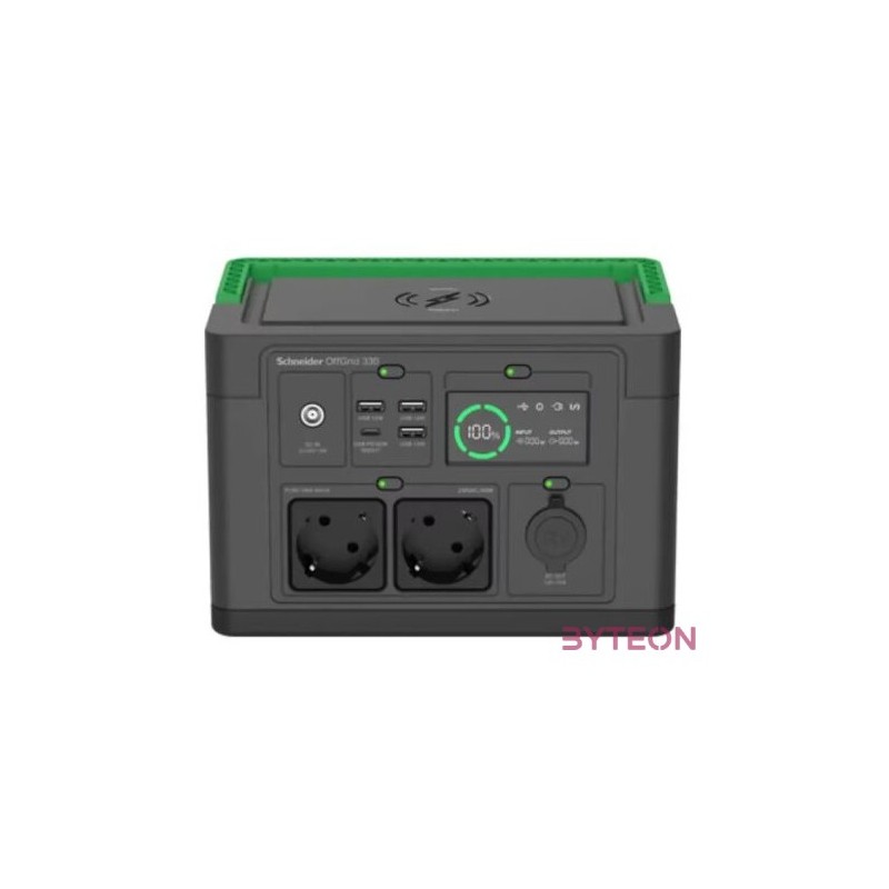 APC Schneider OFFGRID 330 hordozható akkumulátor állomás, 332Wh Lítium-ion, 2xSCHUKO, 3xUSB, 2x USB-C, Színuszos, LCD