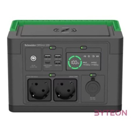 APC Schneider OFFGRID 330 hordozható akkumulátor állomás, 332Wh Lítium-ion, 2xSCHUKO, 3xUSB, 2x USB-C, Színuszos, LCD