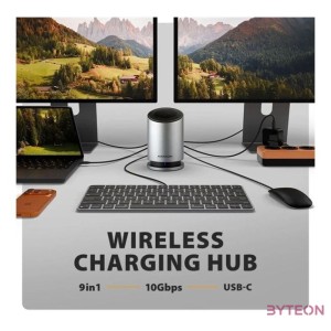 Axagon HMC-WL9 USB-C 10 Gbps 9in1 hub vezeték nélküli töltéssel