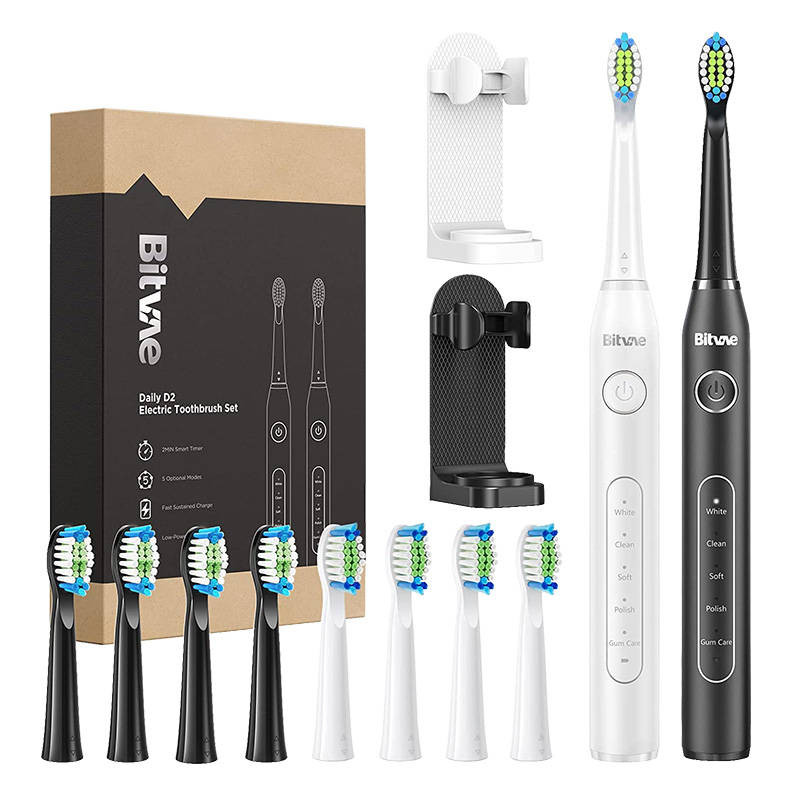 Sonic toothbrushes with tips set and 2 toothbrush holders Bitvae D2+D2 (white and black)