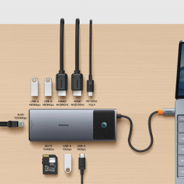 Adapter Hub 10in1 Baseus 2x HDMI, USB-C, 3xUSB-A+RJ45+SD/TF, PD  (grey)