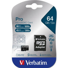 VERBATIM "PRO" Memóriakártya, microSDXC, 64GB, Class 10 UHS-I, adapterrel