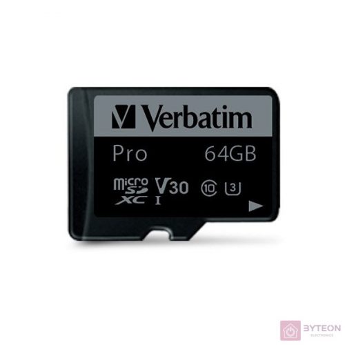 VERBATIM "PRO" Memóriakártya, microSDXC, 64GB, Class 10 UHS-I, adapterrel