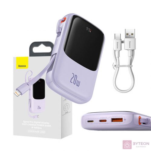 Powerbank Baseus Qpow Pro Lightning kábellel, USB-C, USB, 10000mAh, 20W (lila)