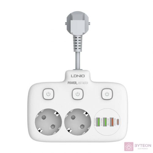 Power strip with 2 AC sockets, 3x USB, USB-C, LDNIO SE2435, 2500W (white)