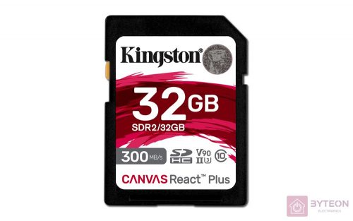 KINGSTON 32GB Canvas React Plus SDHC UHS-II 300R/260W U3 V90 for Full HD/4K/8K