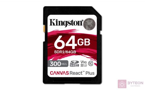 KINGSTON 64GB Canvas React Plus SDXC UHS-II 300R/260W U3 V90 for Full HD/4K/8K