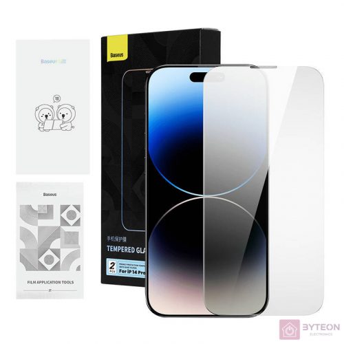 Privacy tempered Glass Baseus Iphone 14 Pro Max (2pcs) with 2 cleaning kits and dust-proof installation tool