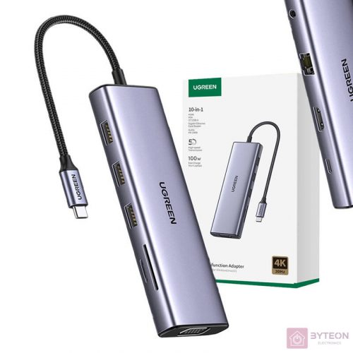 10-in-1 Adapter UGREEN CM498 USB-C to 3x USB-A 3.0, HDMI, VGA, RJ45, SD/TF, AUX3.5mm, PD