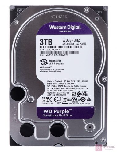 Western Digital 3,5" 3000GB belső SATAIII 5400RPM 256MB PURPLE WD33PURZ winchester 3 év