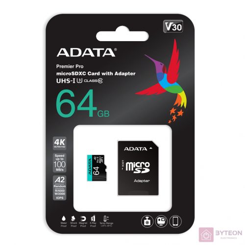 ADATA 64GB Premier Pro MICROSDXC, R/W up to 100/80 MB/s, Adapterrel